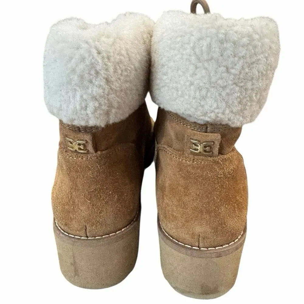 Sam Edelman Franc Suede Hiking Platform Wedge Booties Faux Fur Trim Size 6.5